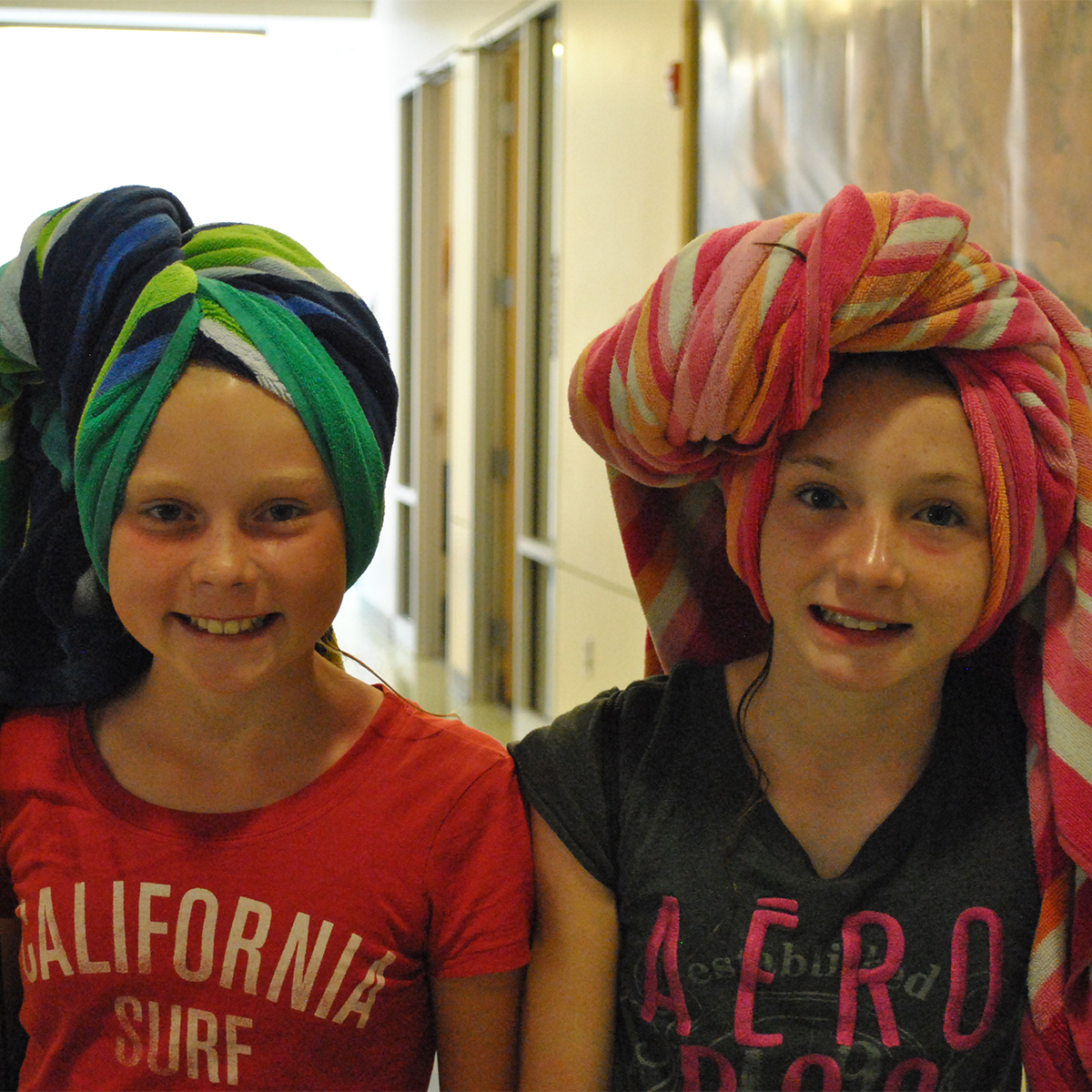 girls towels on head