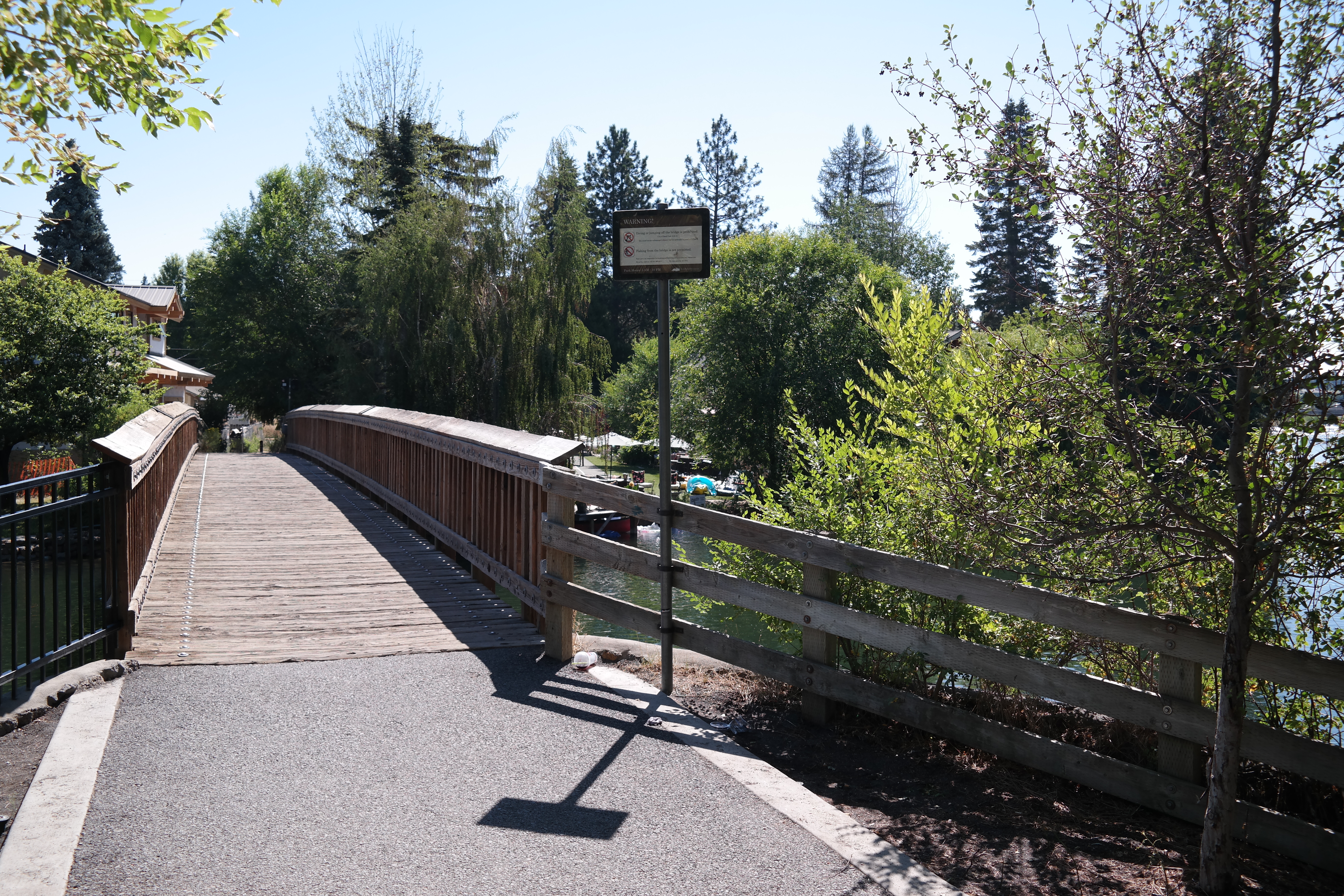 a wooden bridge over the Deschutes River near Columbia Park