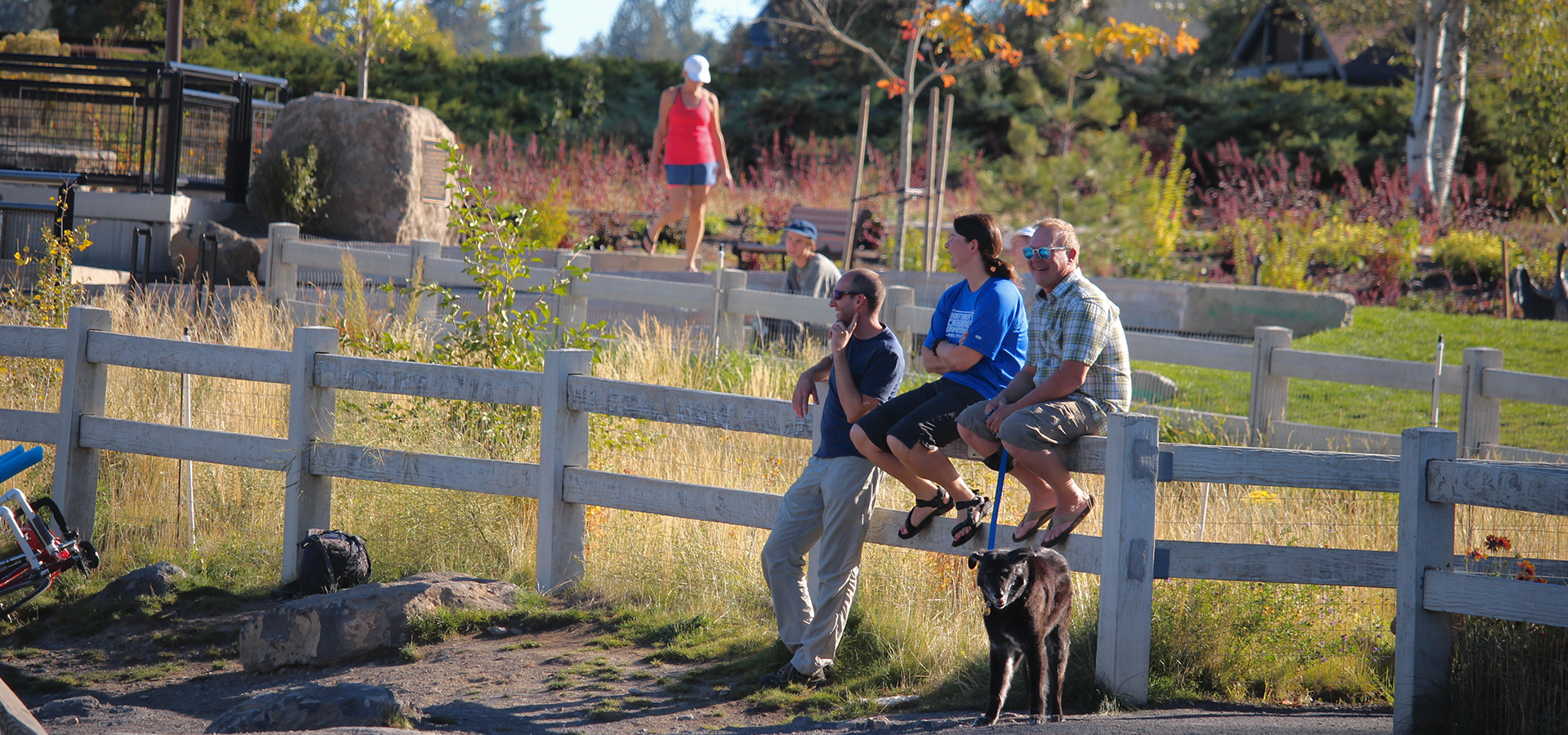 Three people and a dog watching surfers at McKay Park.