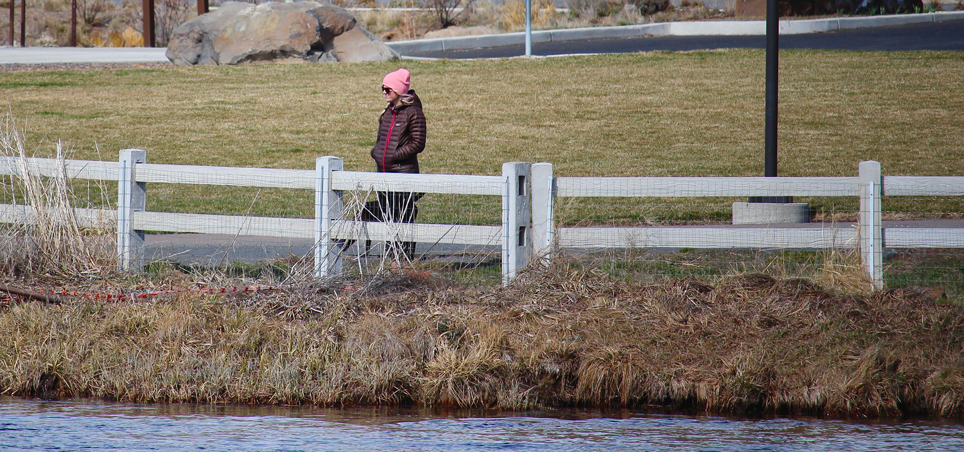 A woman and dog looking out over the river.