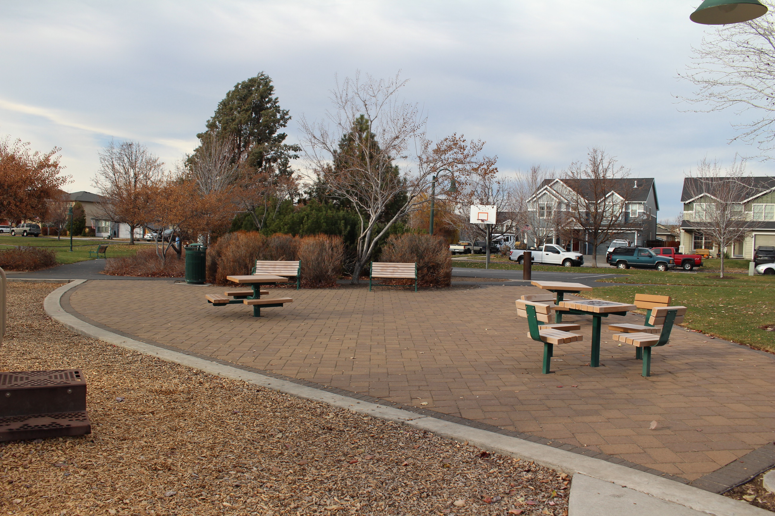the seating plaza at mountain view park with one checker board top