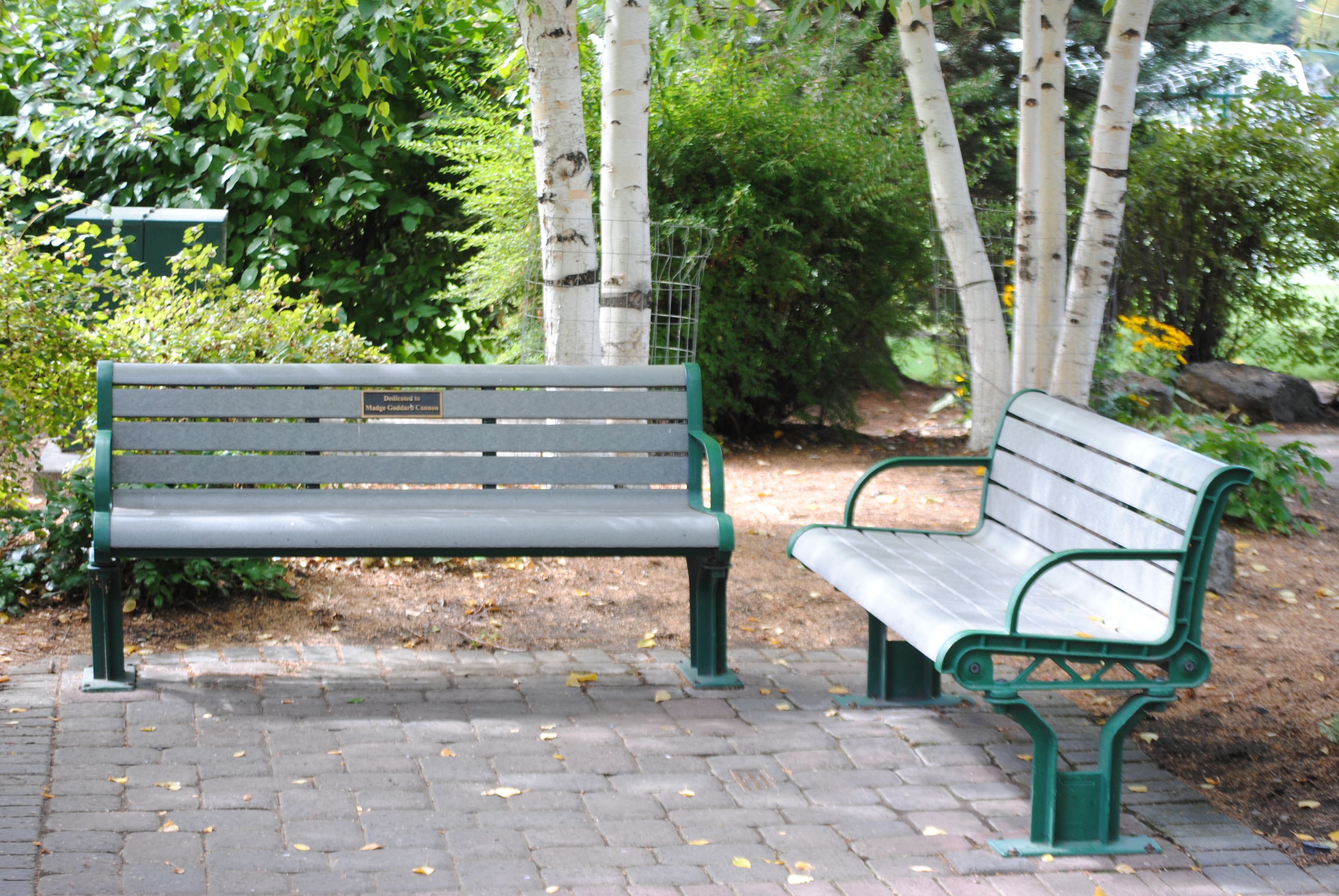 benches in the plaza at pageant park