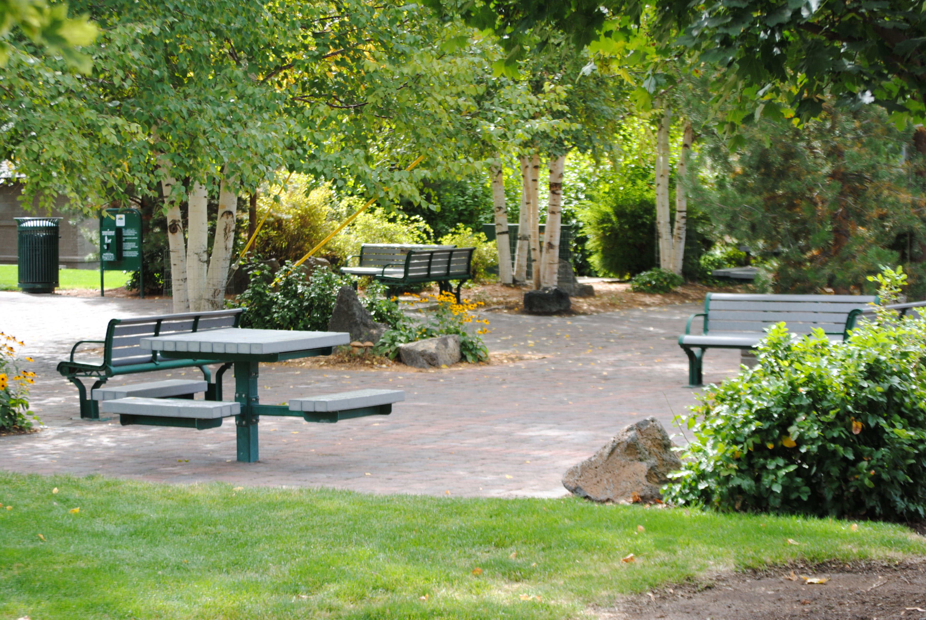 picnic tables in the plaza at pageant park