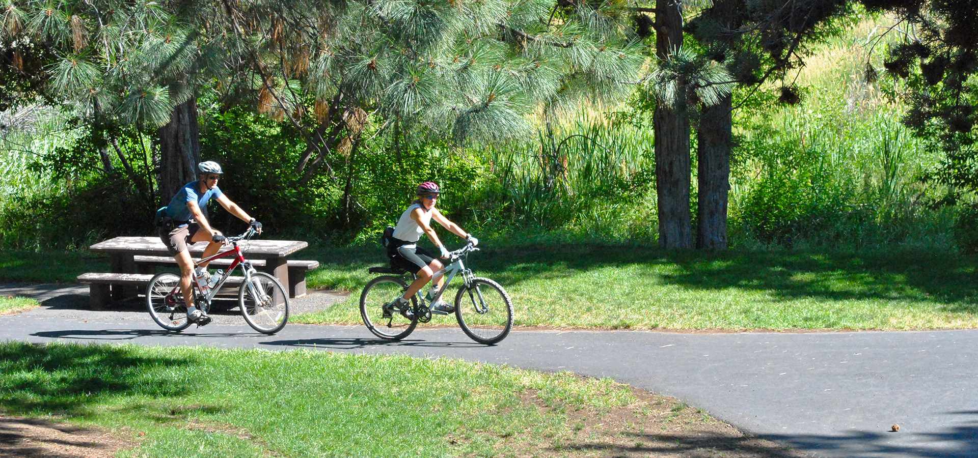 Two adults riding bikes on a path at Sawyer Park.