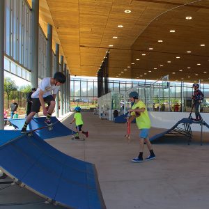 Image of the PAC childcare skatepark features open during summer break.