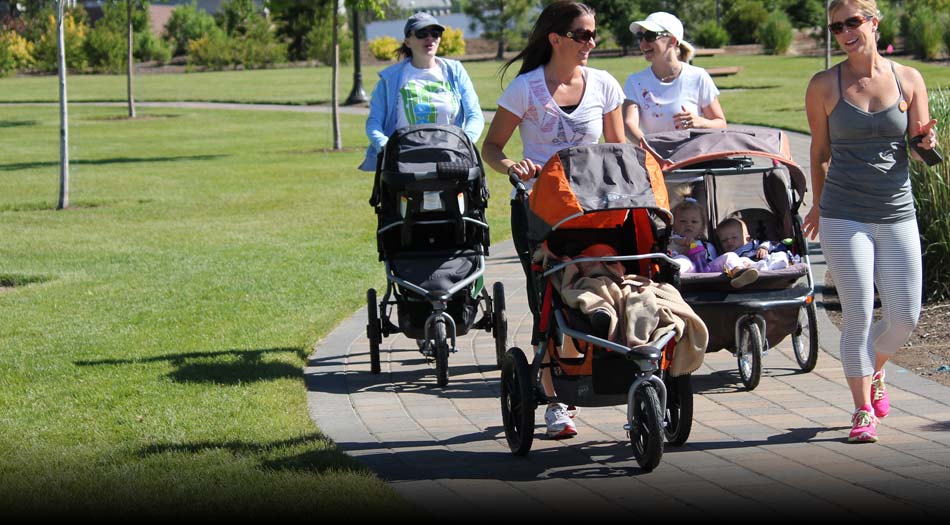 four women pushing baby strollers on paved path in park with lawn and trees