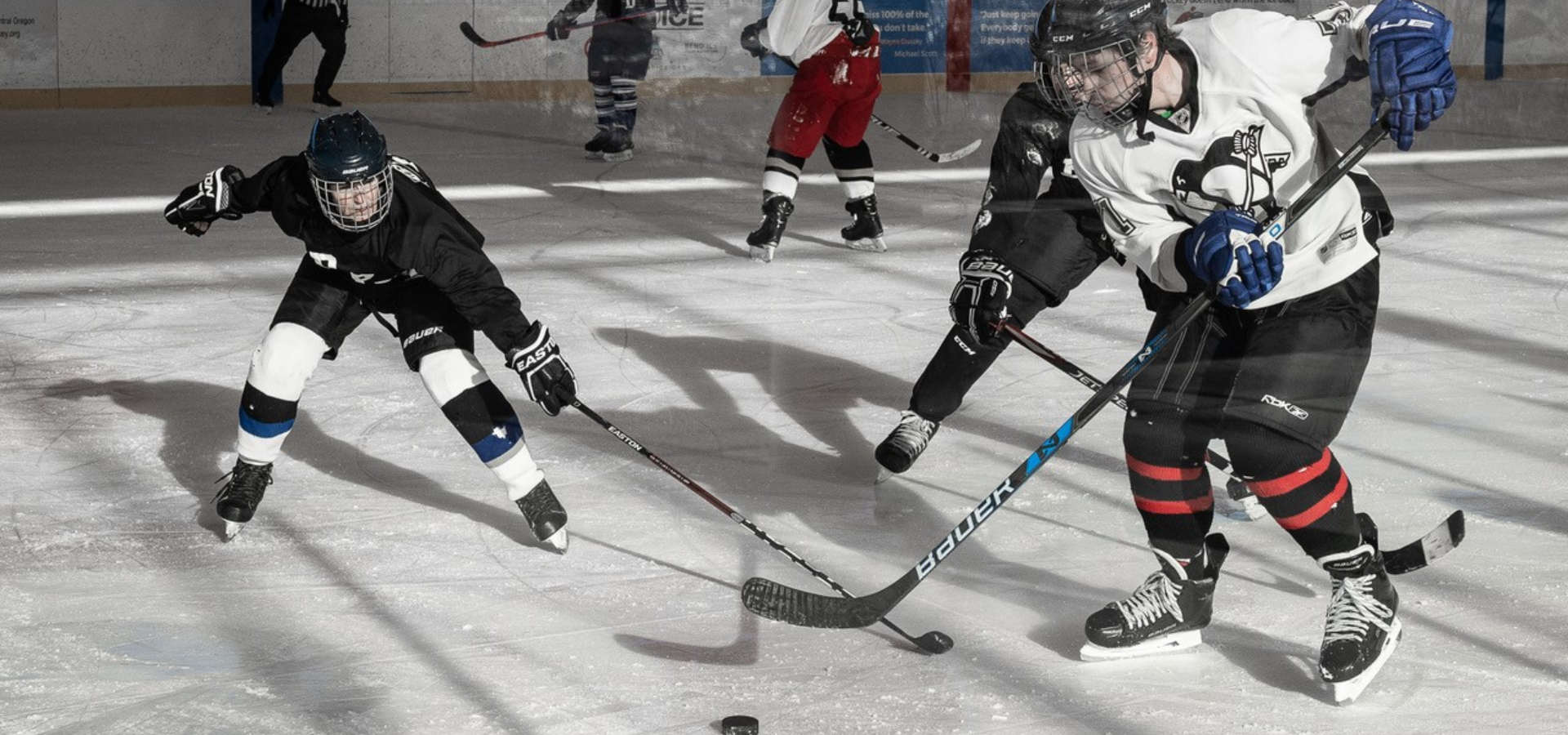 At the Pavilion, two hockey players face off over the puck.