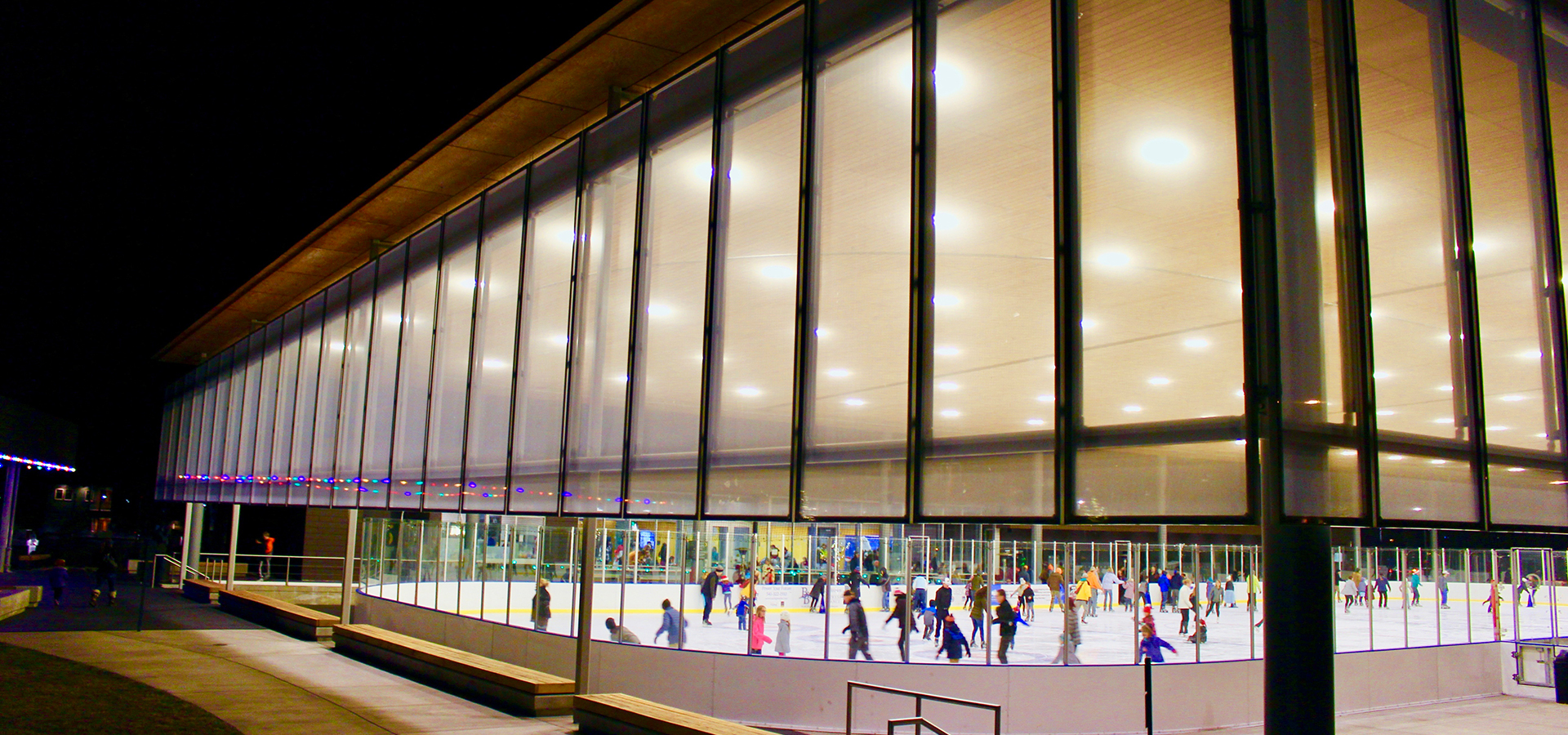 Outside view of the pavilion during a holiday skate.