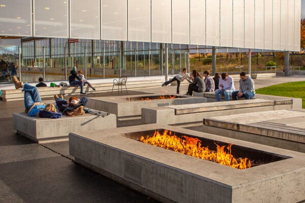 Photo of patrons at the Pavilion enjoying the outdoor space and fire pit.