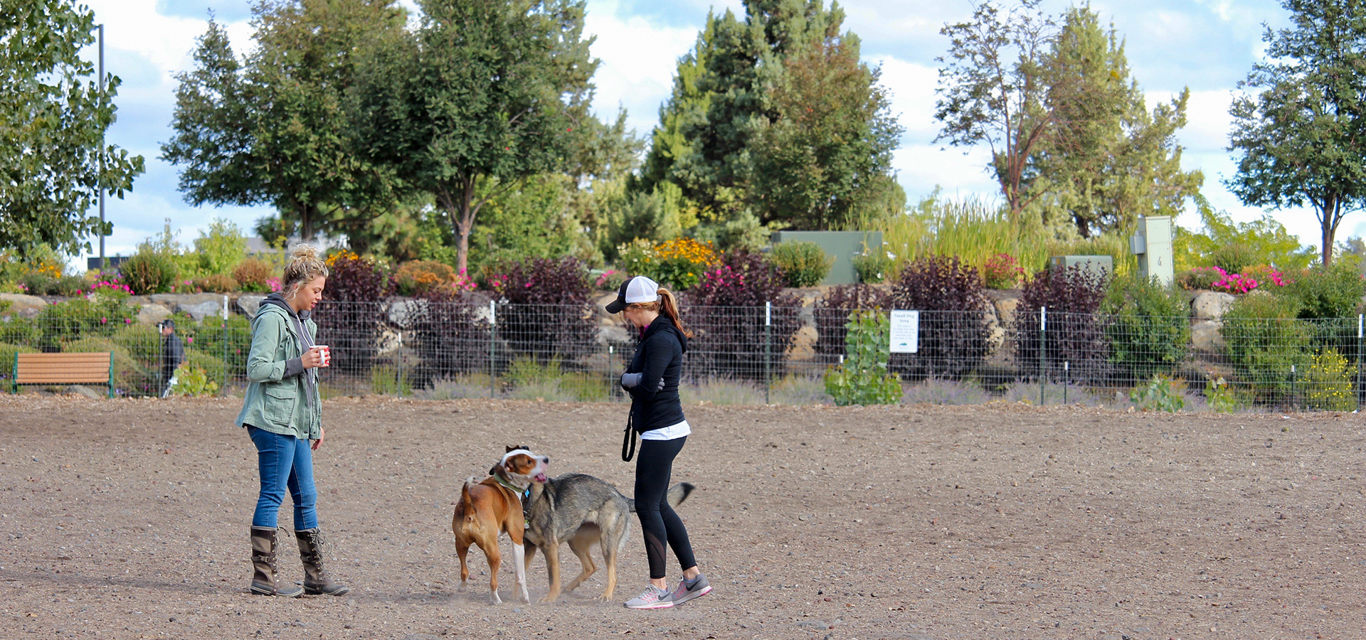 Two women and their dogs at the Riverbend Park off-leash park.