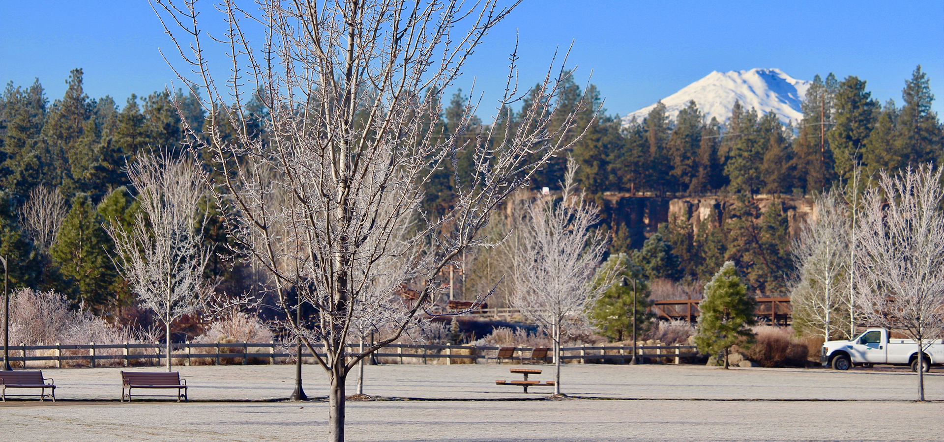 A frosty morning and view of mt. bachelor from riverbend park.