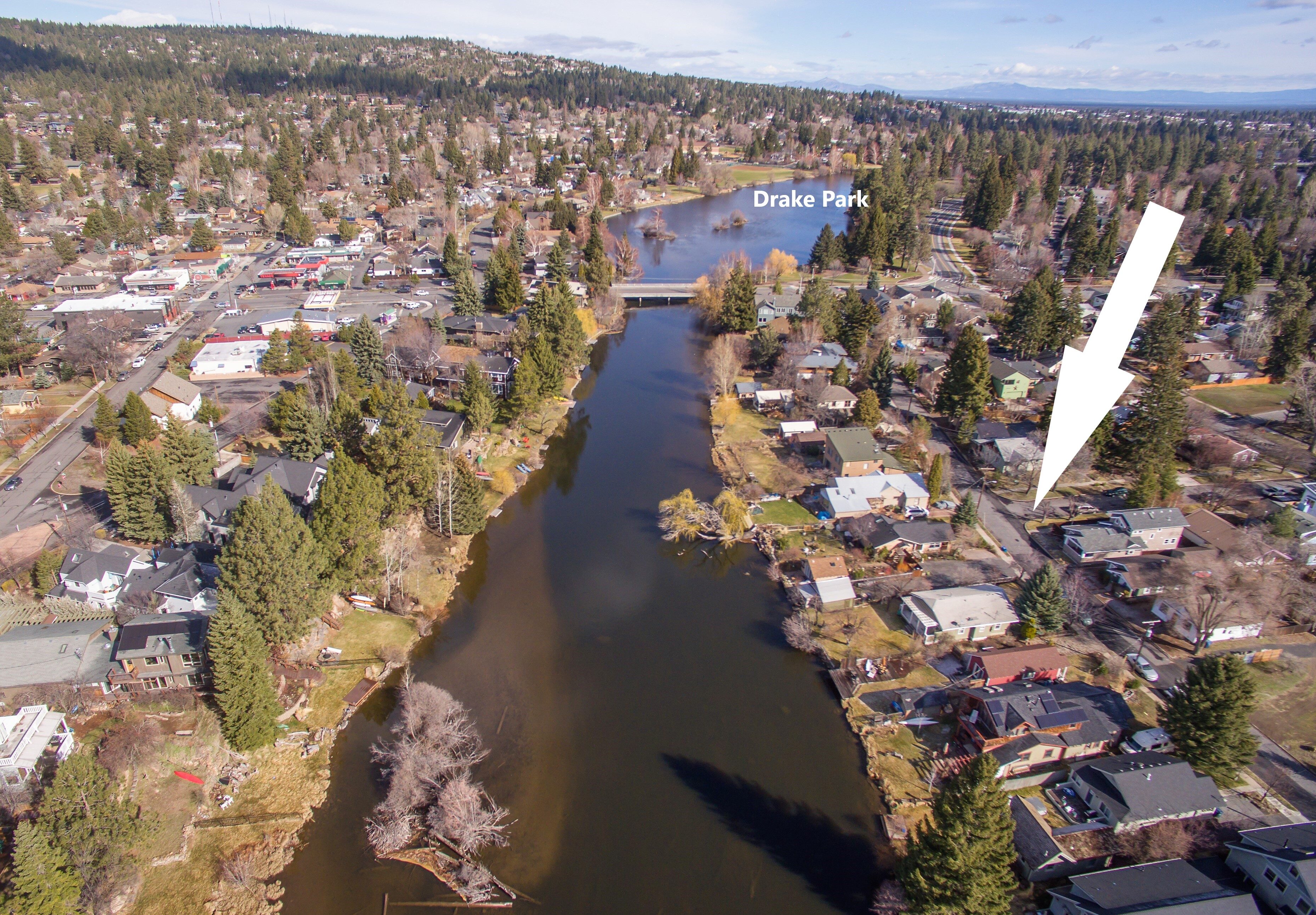 An aerial view of Riverfront Street looking towards Drake Park