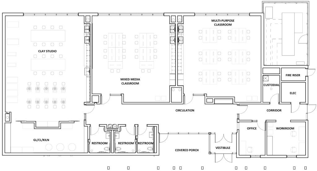 Floor plan of Art Station with (in clockwise order from top left) clay studio, kiln room, three restrooms, lobby, offices, storage rooms and two multi-purpose classrooms.