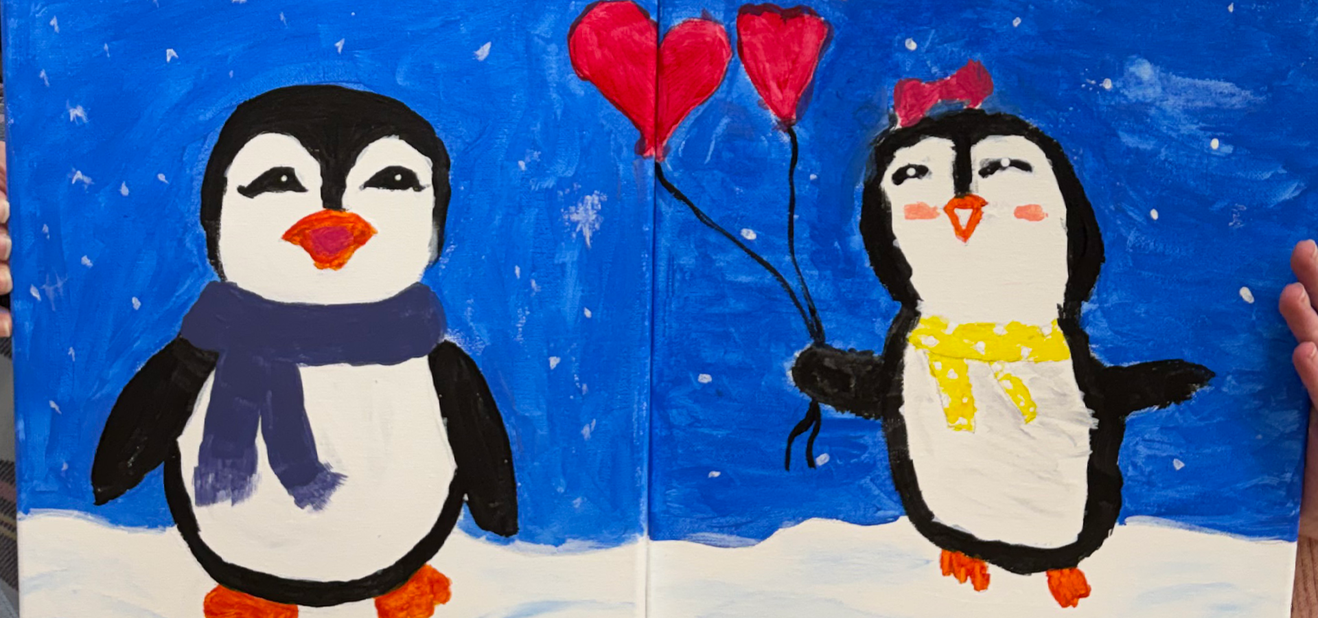 Split dual paintings of penguins with one holding heart balloons