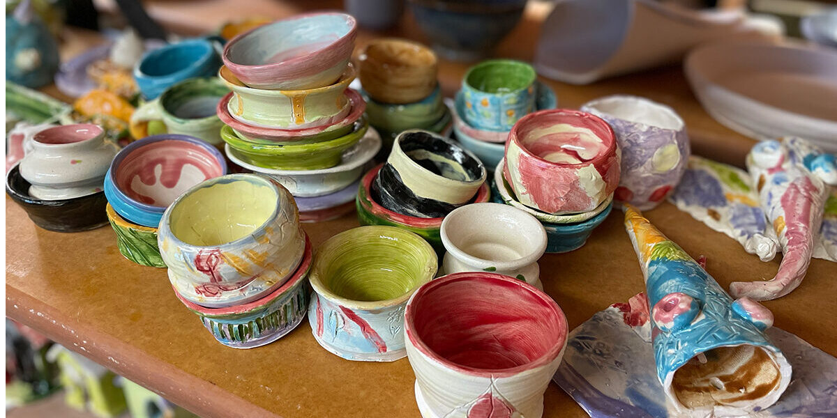 clay mugs on display at the clay studio in bend