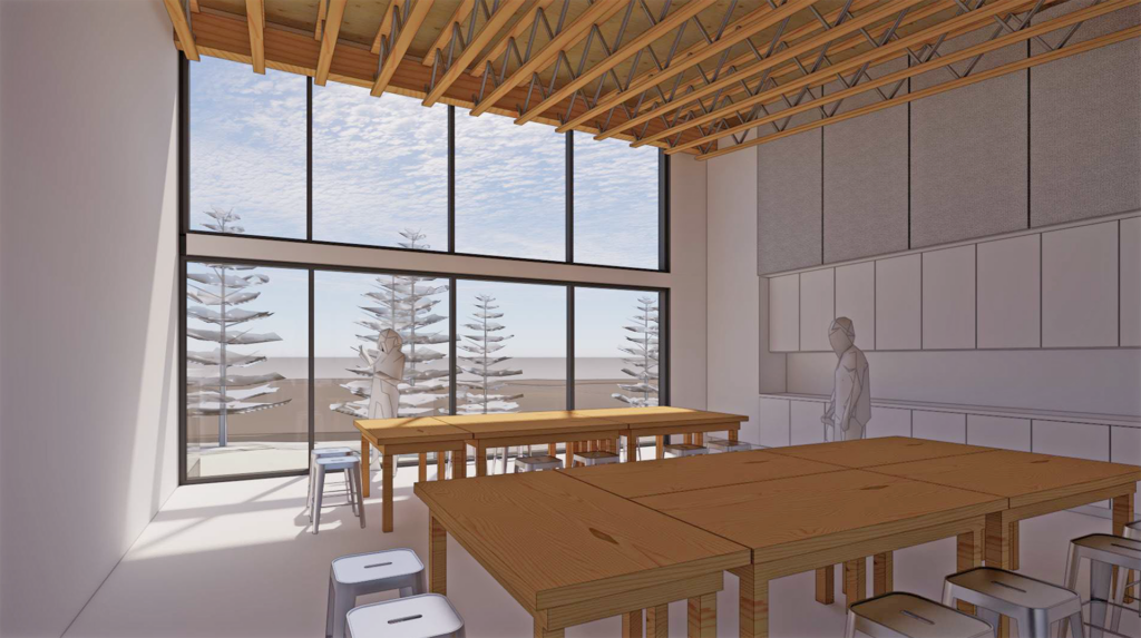 Interior classroom rendering with large floor-to-ceiling windows looking on natural spaces, storage cabinets along the wall and large art tables with stools placed about the room.
