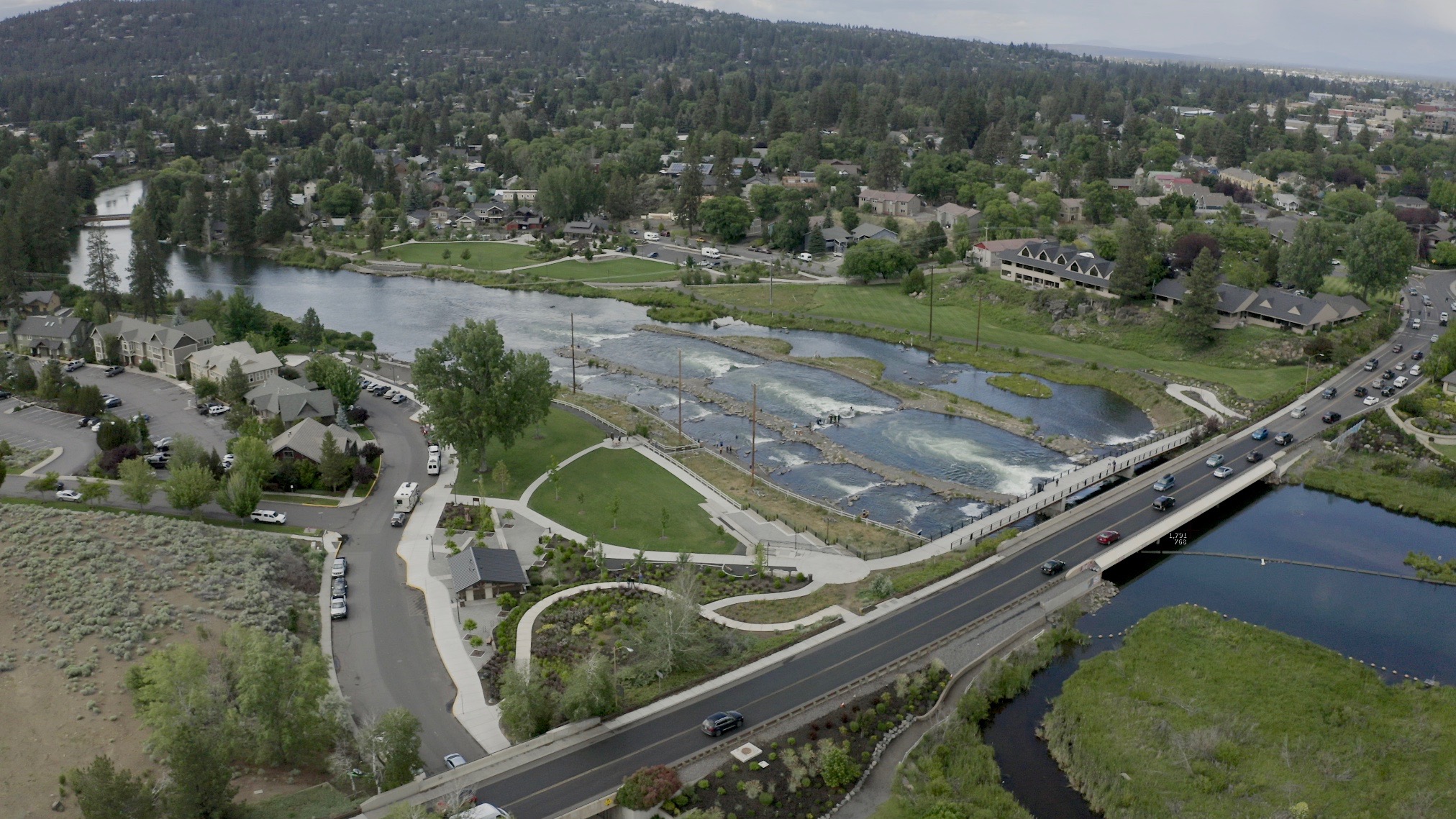 Aerial image of the Bend White Water Park in Bend, Oregon.