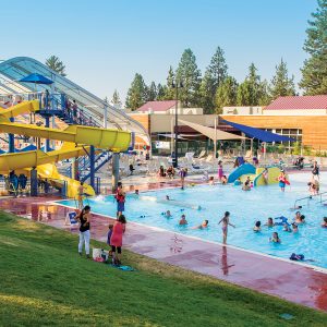 Image of the Outdoor Activity Center during summer open swim at Juniper Swim and Fitness Center.