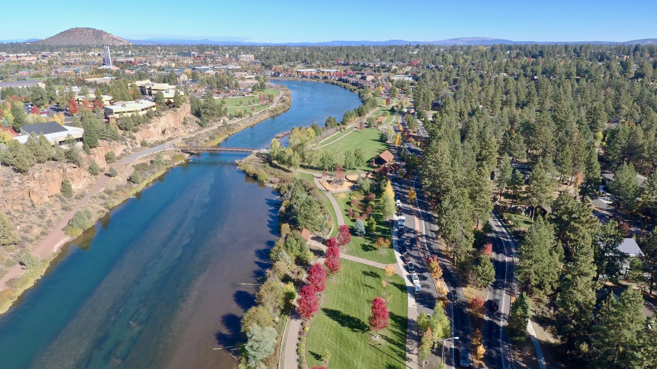 An aerial view of Farewell Bend and Riverbend Parks