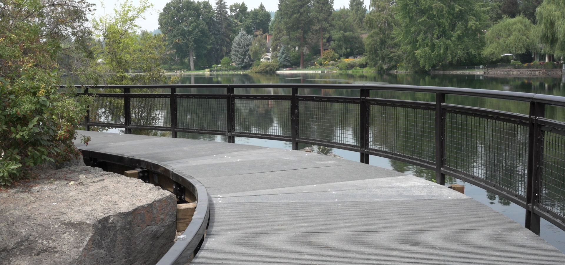 Drake Park boardwalk looking West across the Deschutes River