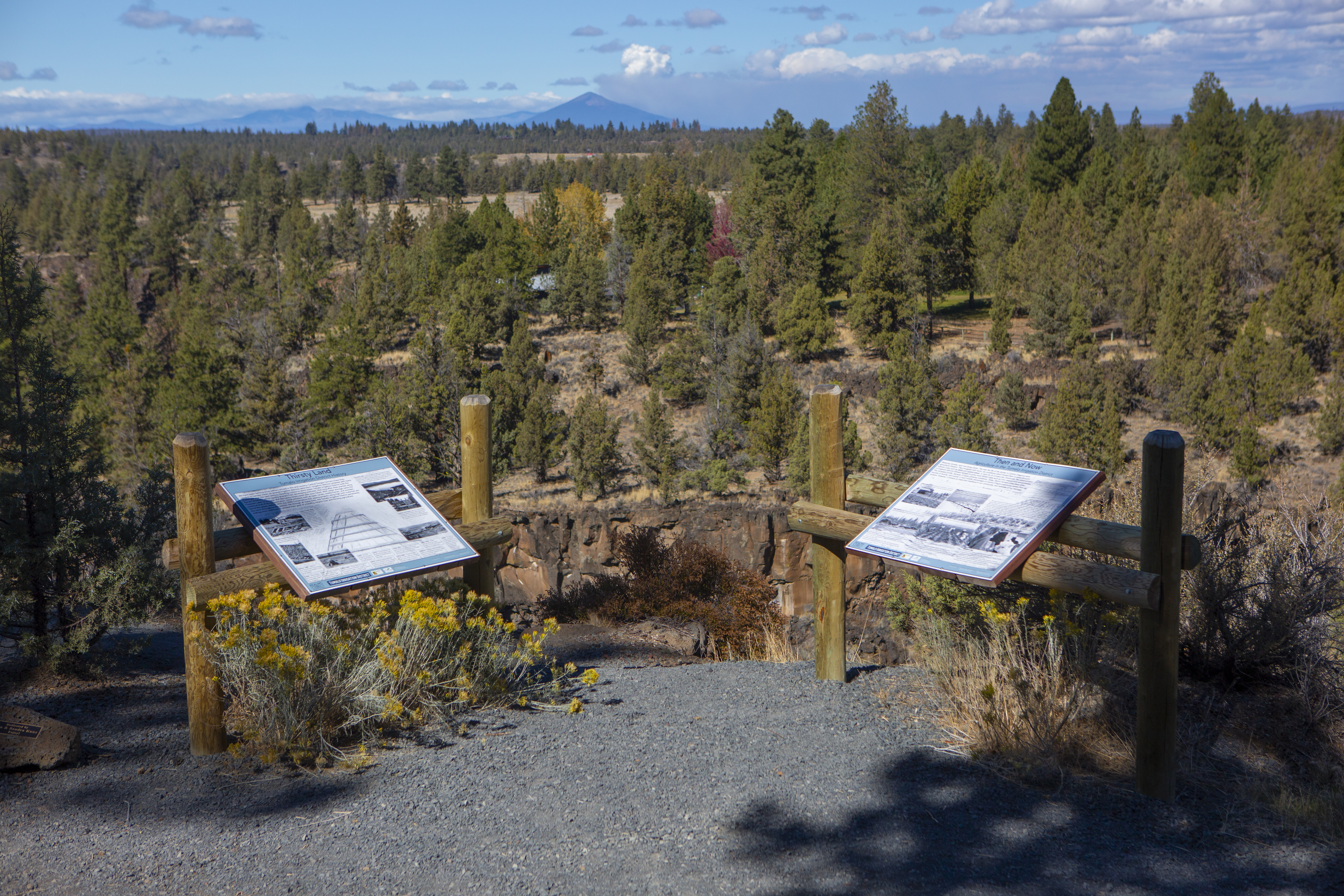 Interpretive signs overlooking the river canyon on the DRT