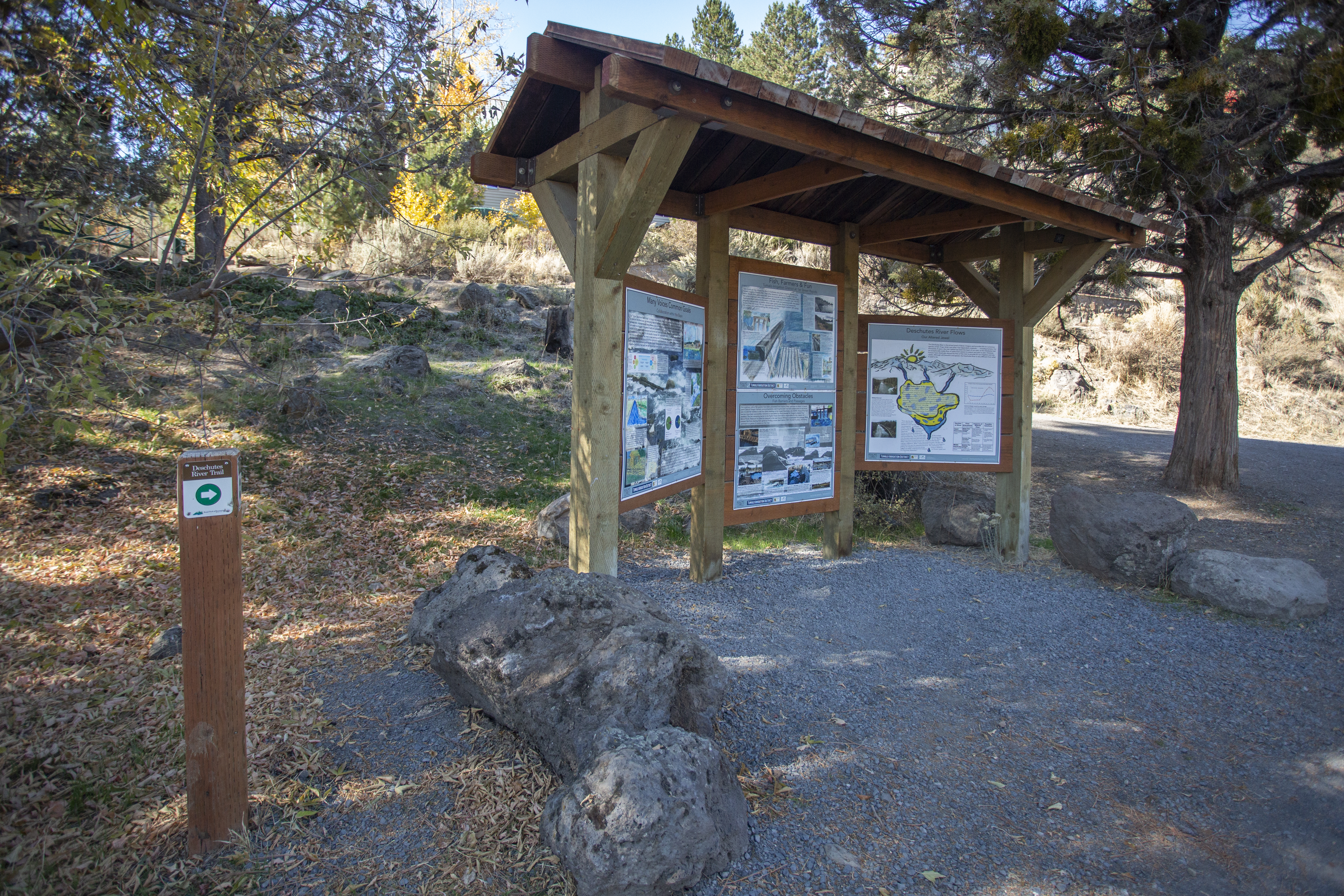 A direction kiosk on the west side of the river at First Street Rapids