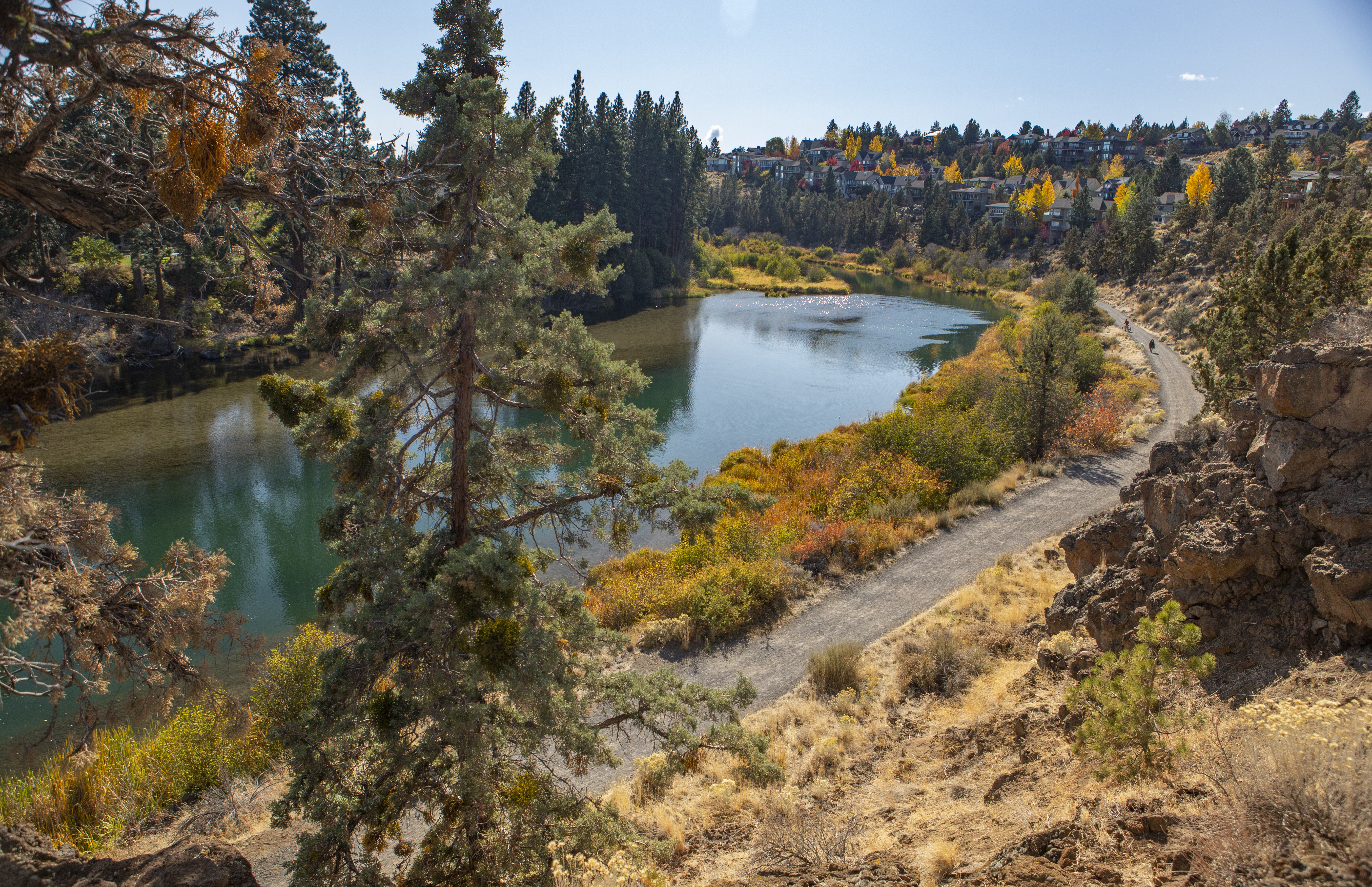 A spanning view of the river and River Run reach of the DRT