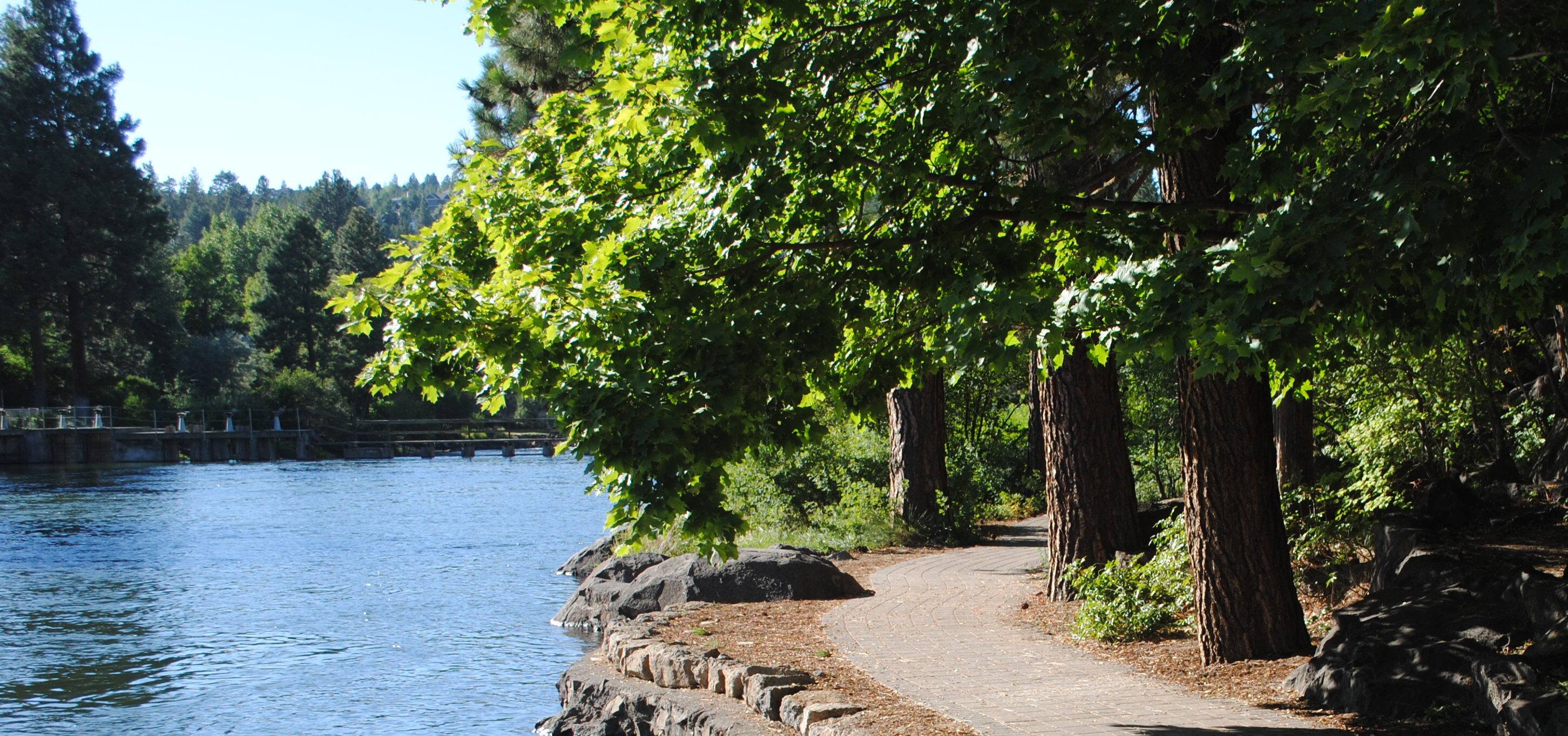 a paved path along the deschutes river in drake park