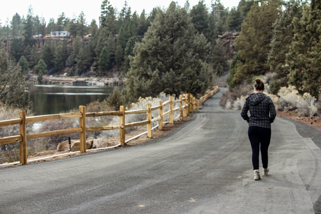 Riverbend South trail between Bill Healy Bridge and Farewell Bend Bridge with one person walking