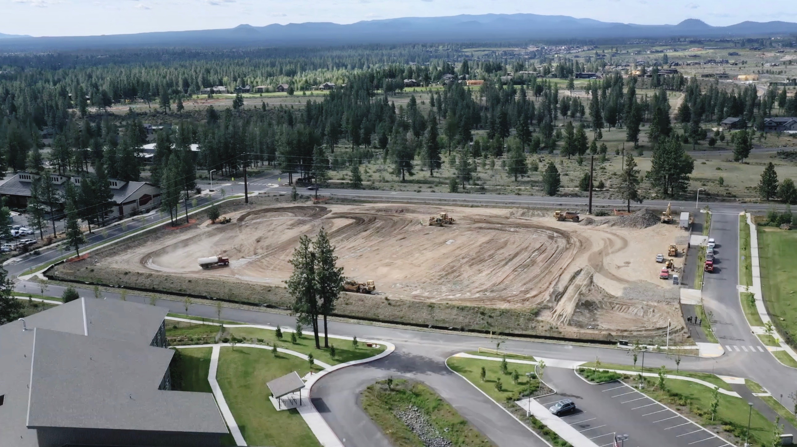 Aerial image of land being excavated for the construction of Pacific Crest Middle School Sports Fields by Bend Park and Recreation District.