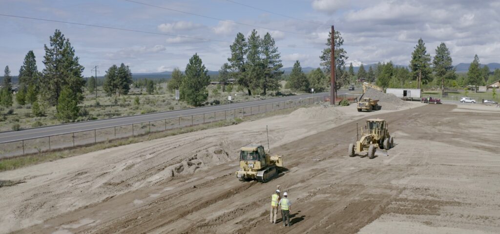 Aerial mage of land being excavated for the construction of Pacific Crest Middle School Sports Fields by Bend Park and Recreation District.