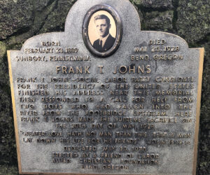 Memorial plaque in Drake Park honoring Frank T. Johns