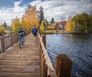 People using the footbridge in Drake Park