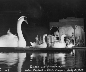 Water Pageant queen and princesses on swan floats - July 1939