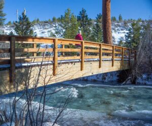 Hiker on footbridge at Shevlin Park