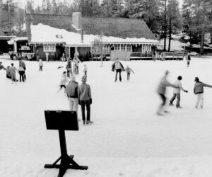families ice skating on the fishing pond at Aspen Hall.