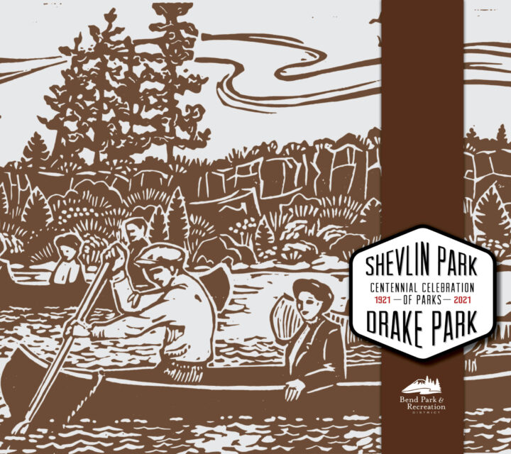 a drawing of people canoeing on the deschutes river