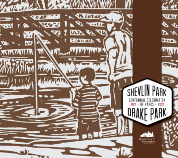 a drawing of a man and boy fishing at Shevlin pond