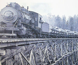 a vintage train going over an old trestle at Shevlin park