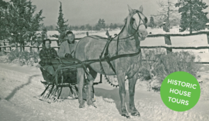 a graphic with a vintage image of a horse drawn carriage in the snow at hollinshead park