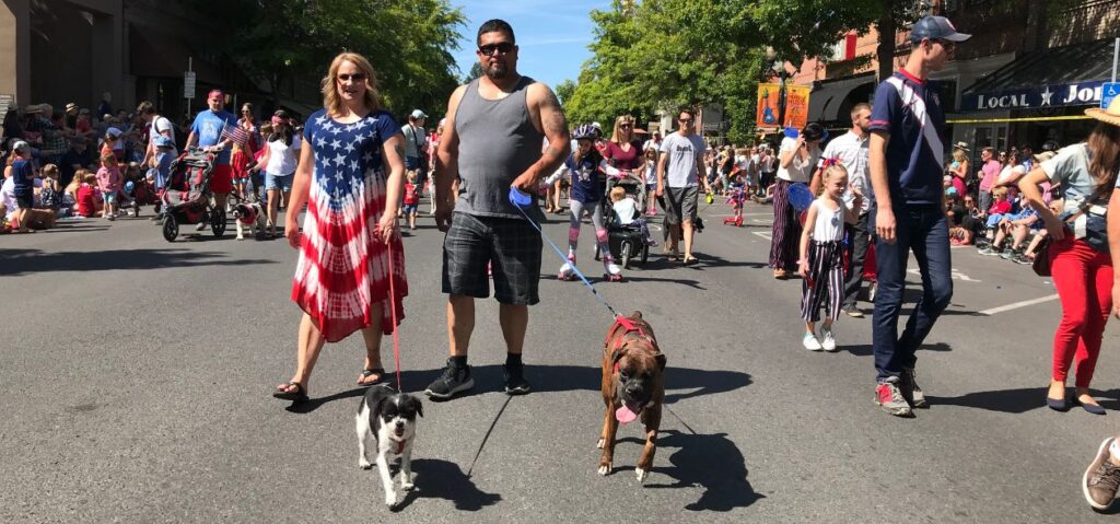 a couple walking two dogs at the pet parade