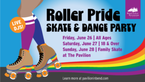 roller pride graphic for June 26 - 28 with roller skates and rainbow