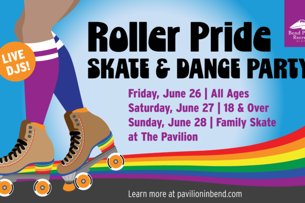 roller pride graphic for June 26 - 28 with roller skates and rainbow