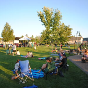 families enjoying an event outside at a park