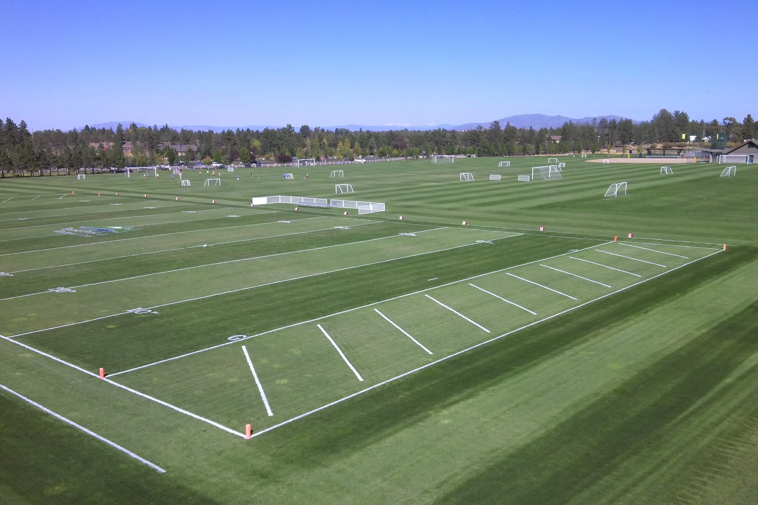 an aerial view of pine nursery park's football and soccer fields