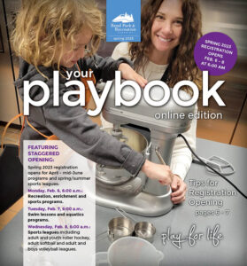 Spring 2023 Playbook cover featuring child and adult in baking class