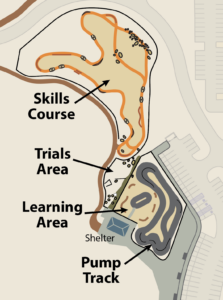 graphic map of Big Sky Bike Park showing pump track, trials area, learning area and skills course.