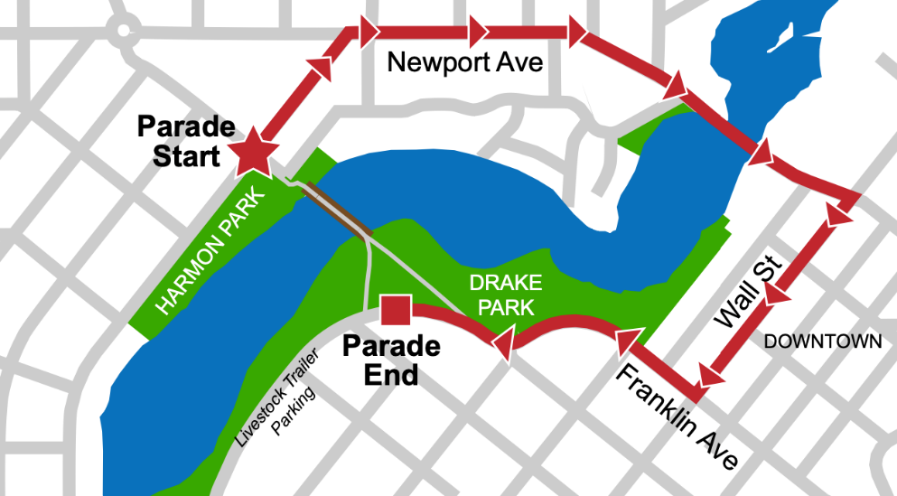 map of the July 4th parade route, starting at Harmon Park, traveling through downtown and ending at Drake Park