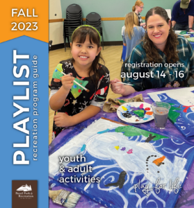 Fall 2023 Playlist cover featuring child and parent smiling while painting in an art class