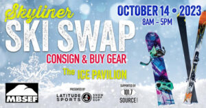 Promotional image for the Skyliner Sky Swap with event information and examples of ski gear